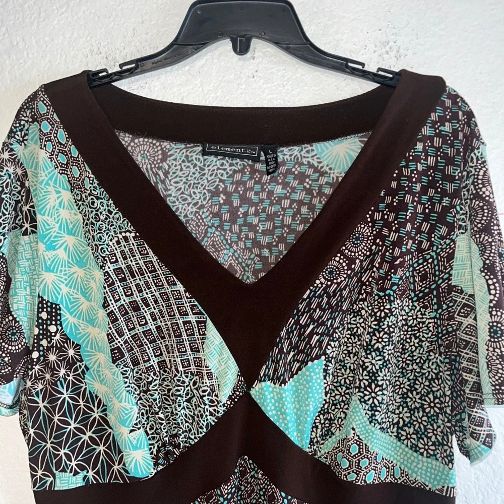 Elementz Womens‎ V-Neck Geometric Print Empire Waist Dress Brown Teal Large Y2K - Picture 4 of 11